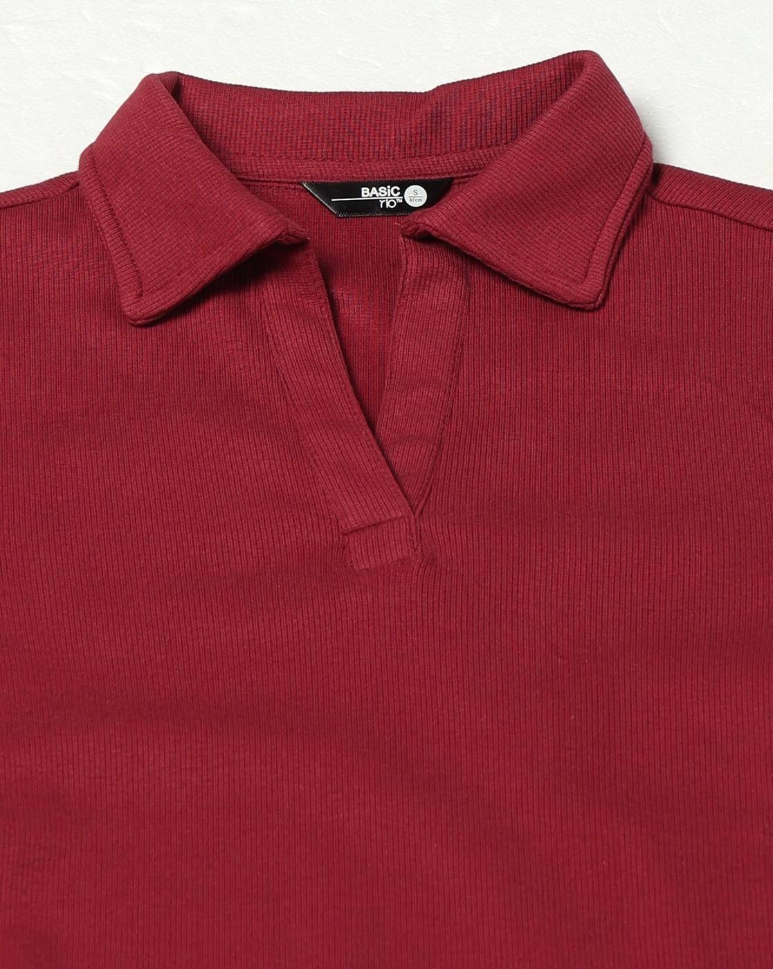 Cotton Elastane RIb Polo, MAROON, L