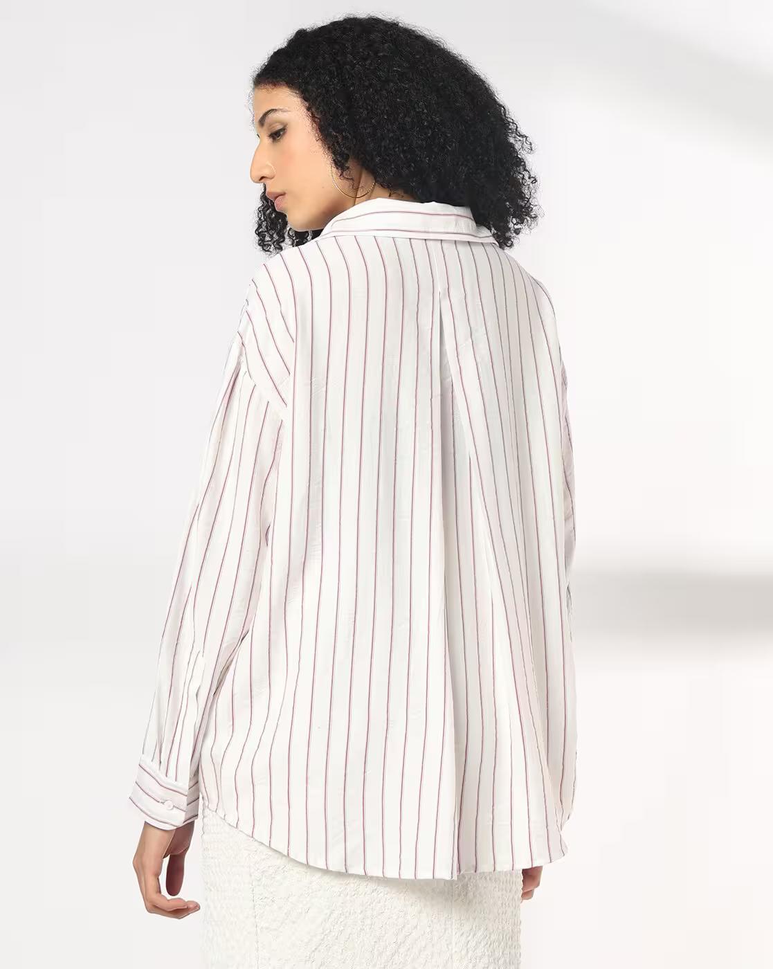 Women Y-Notch Striped Oversized Shirt