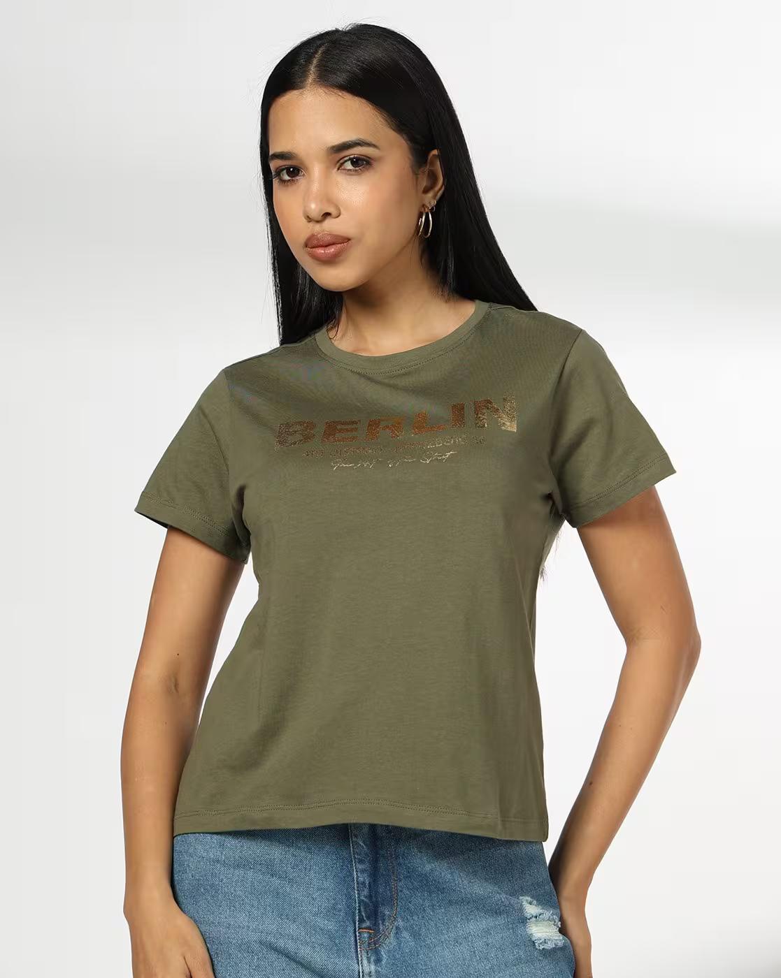 Women Berlin Print Relaxed Fit Crew-Neck T-Shirt