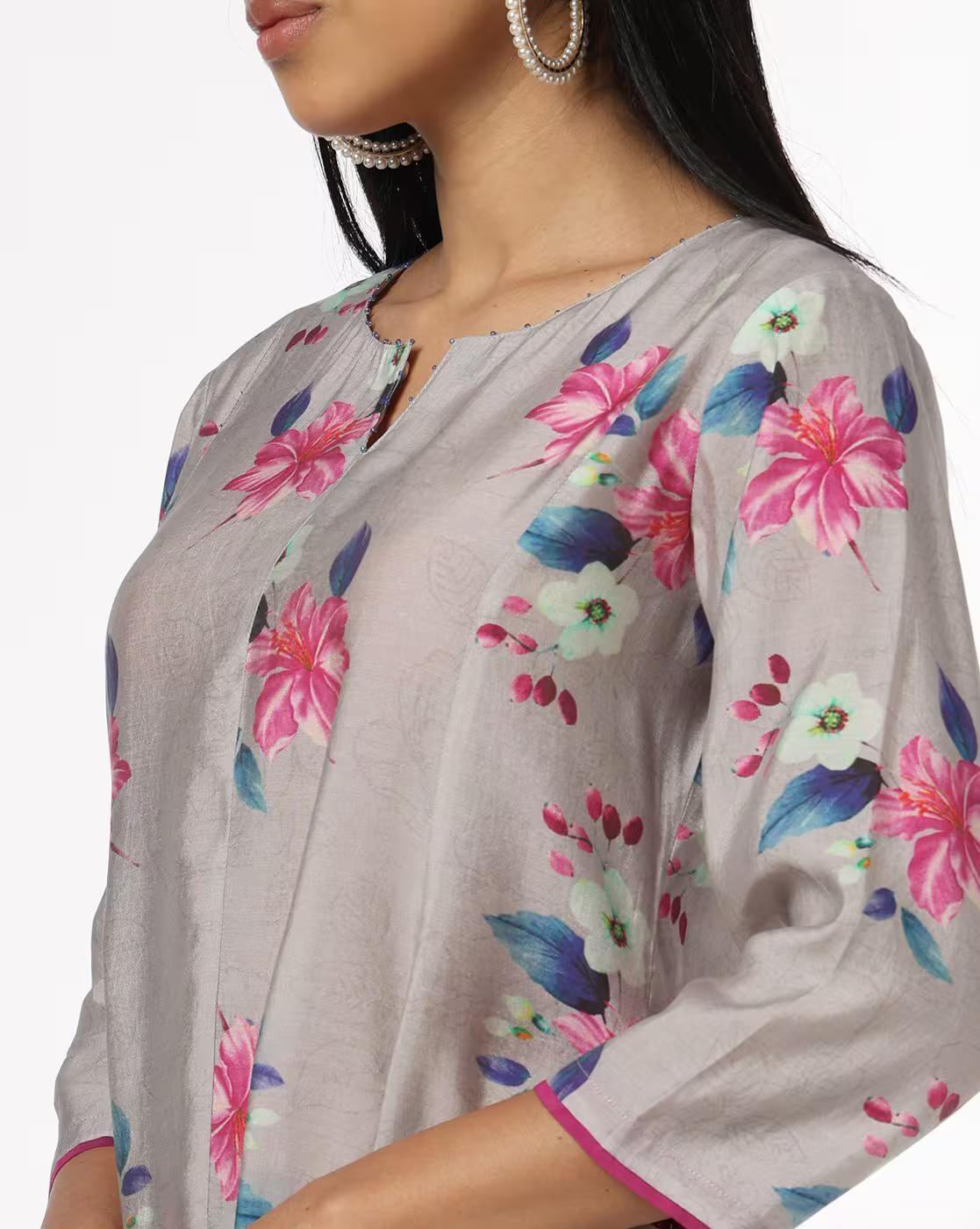 PRINTED KALIDAR KURTA, GREY, L