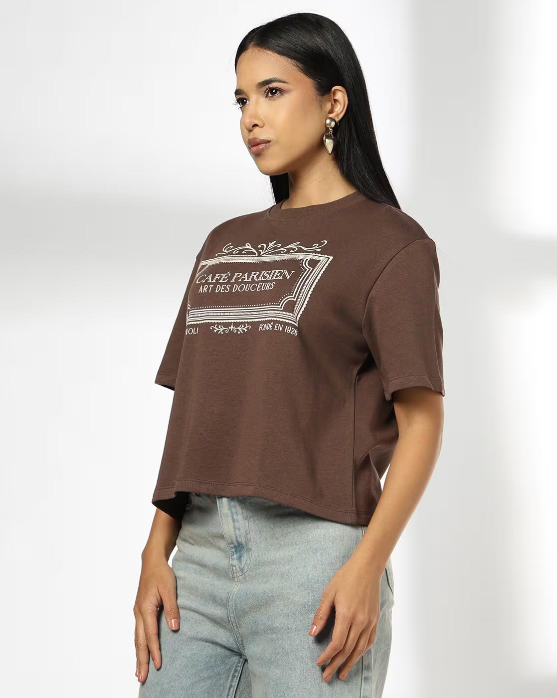 Women Cafe Parisien Print Boxy Fit Crew-Neck T-Shirt