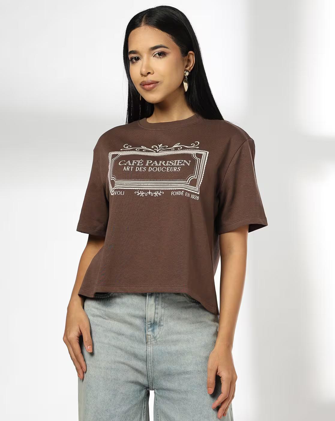 Women Cafe Parisien Print Boxy Fit Crew-Neck T-Shirt