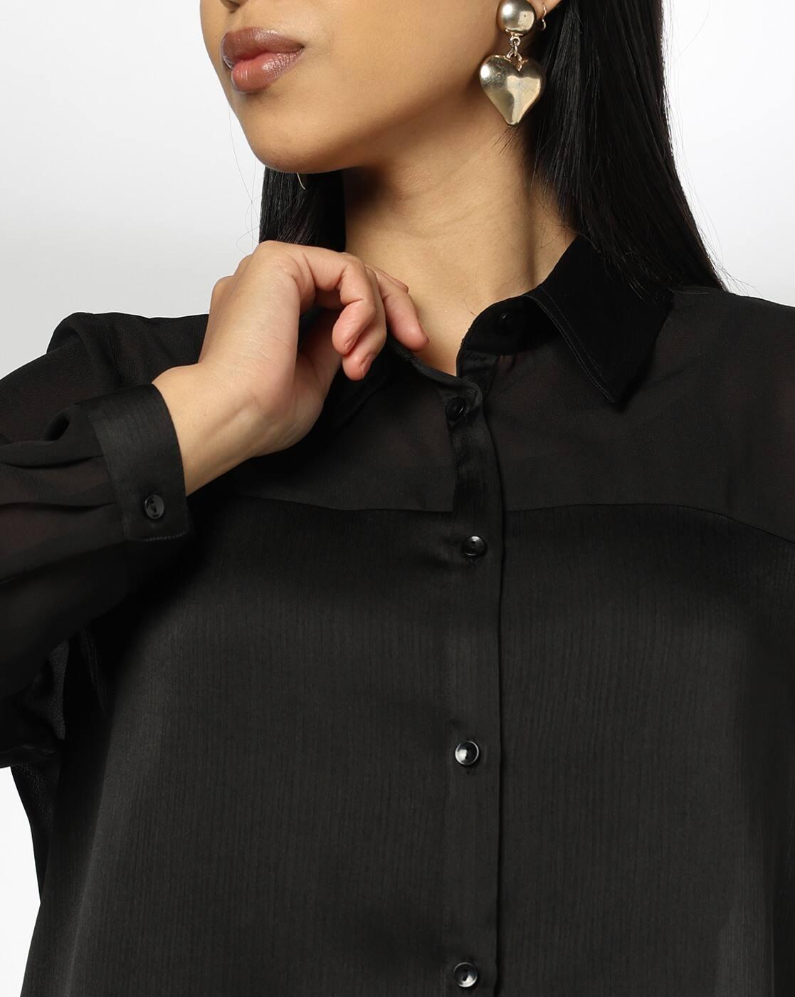 PANELLED SOLID SHIRT, BLACK, M