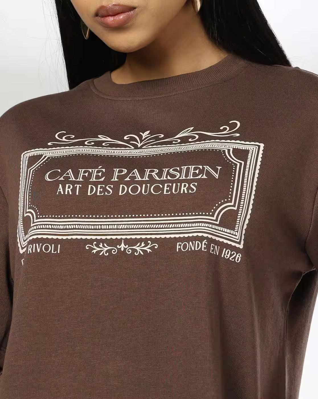Women Cafe Parisien Print Boxy Fit Crew-Neck T-Shirt