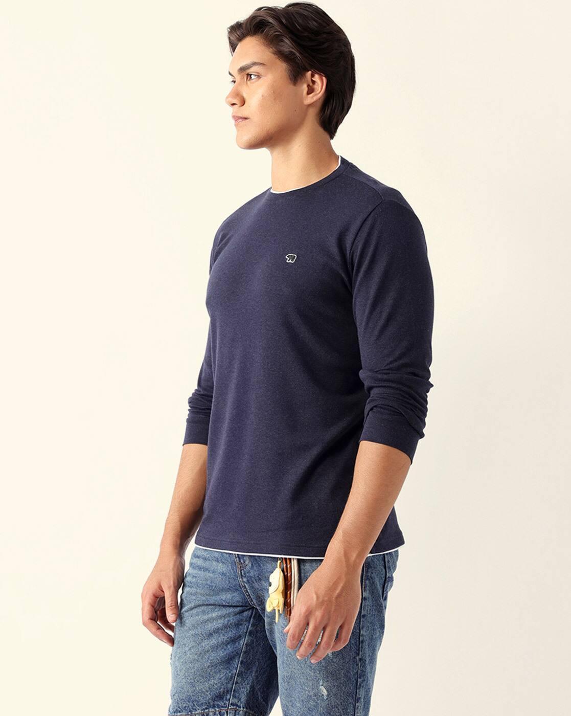 Men Cotton Solid Round Neck Reg, BLUE, L