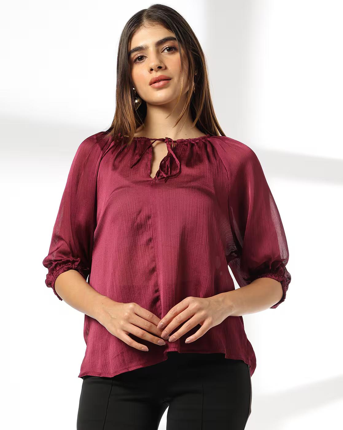 ROUND NECK SOLID TOP WITH RAGL, WINE, XL