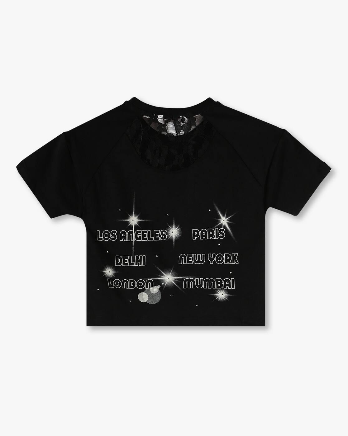 Girls Lace Hang Down Boxy Fit Round-Neck T-Shirt