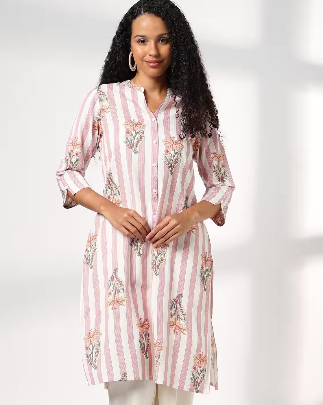 Women Striped Straight Kurta with Insert Pockets