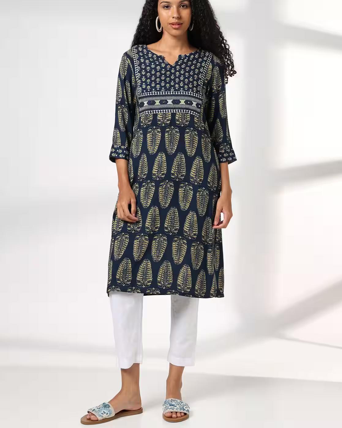 Women Leaf Print Straight Kurta