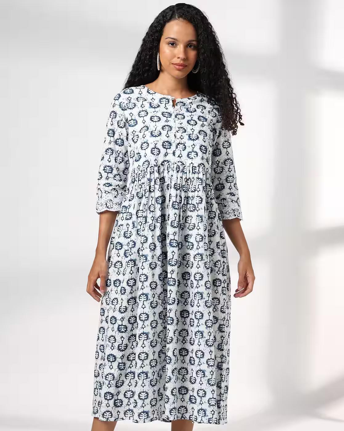 ROUND NECK SCHIFFLI SLEEVE DR, INDIGO, S