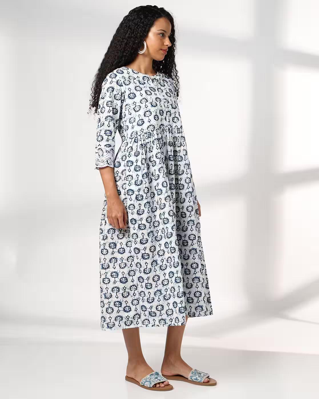 ROUND NECK SCHIFFLI SLEEVE DR, INDIGO, S
