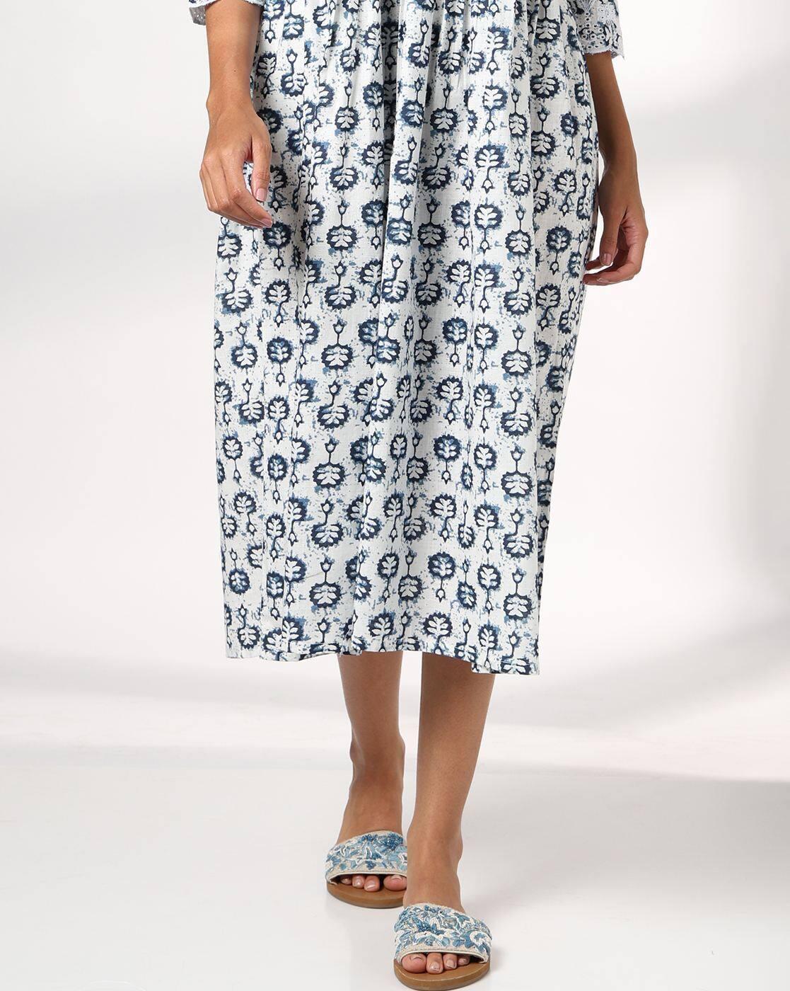 ROUND NECK SCHIFFLI SLEEVE DR, INDIGO, S