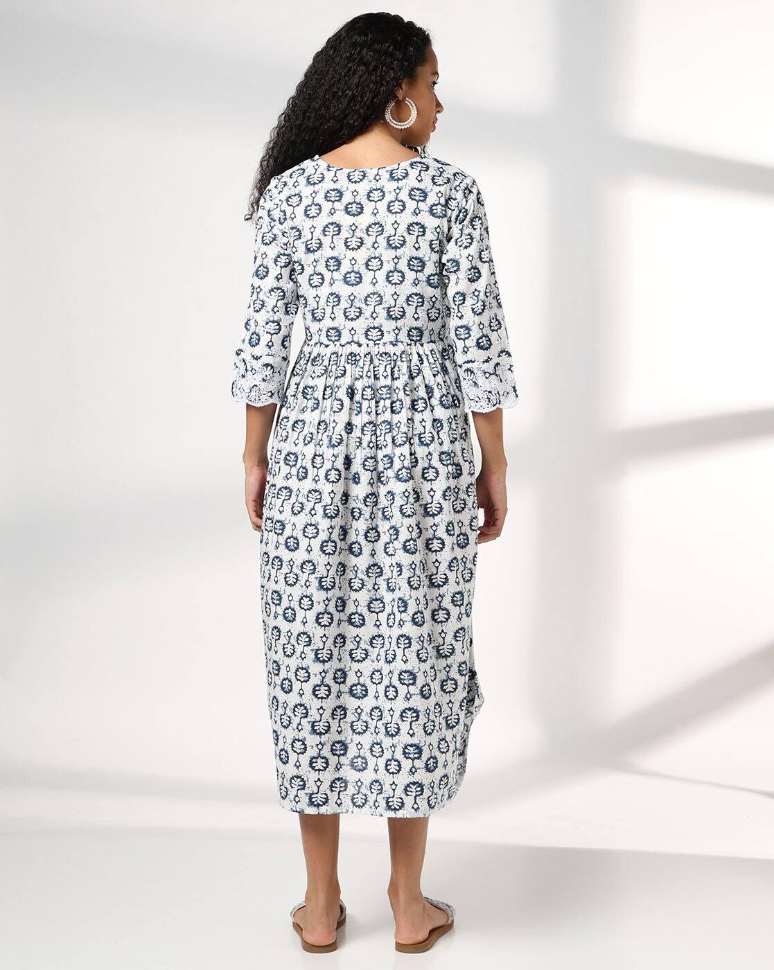 ROUND NECK SCHIFFLI SLEEVE DR, INDIGO, S