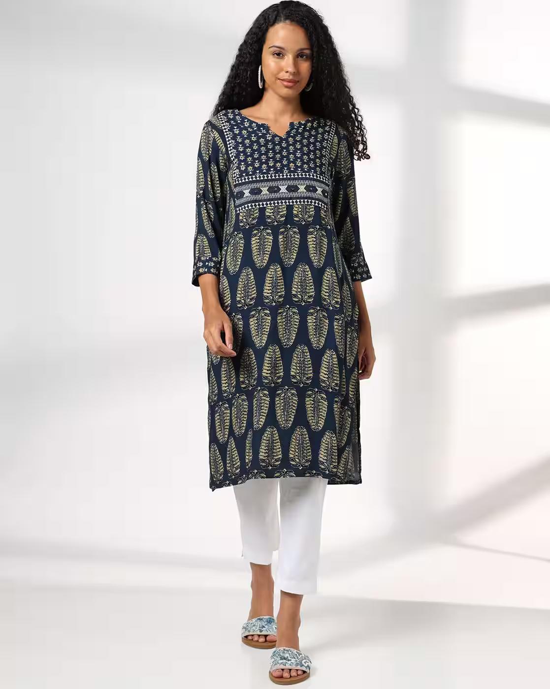 Women Leaf Print Straight Kurta