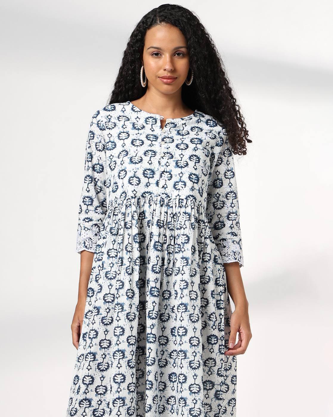 ROUND NECK SCHIFFLI SLEEVE DR, INDIGO, S