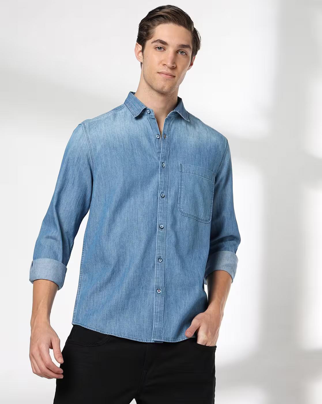Men Washed Regular Fit Denim Shirt