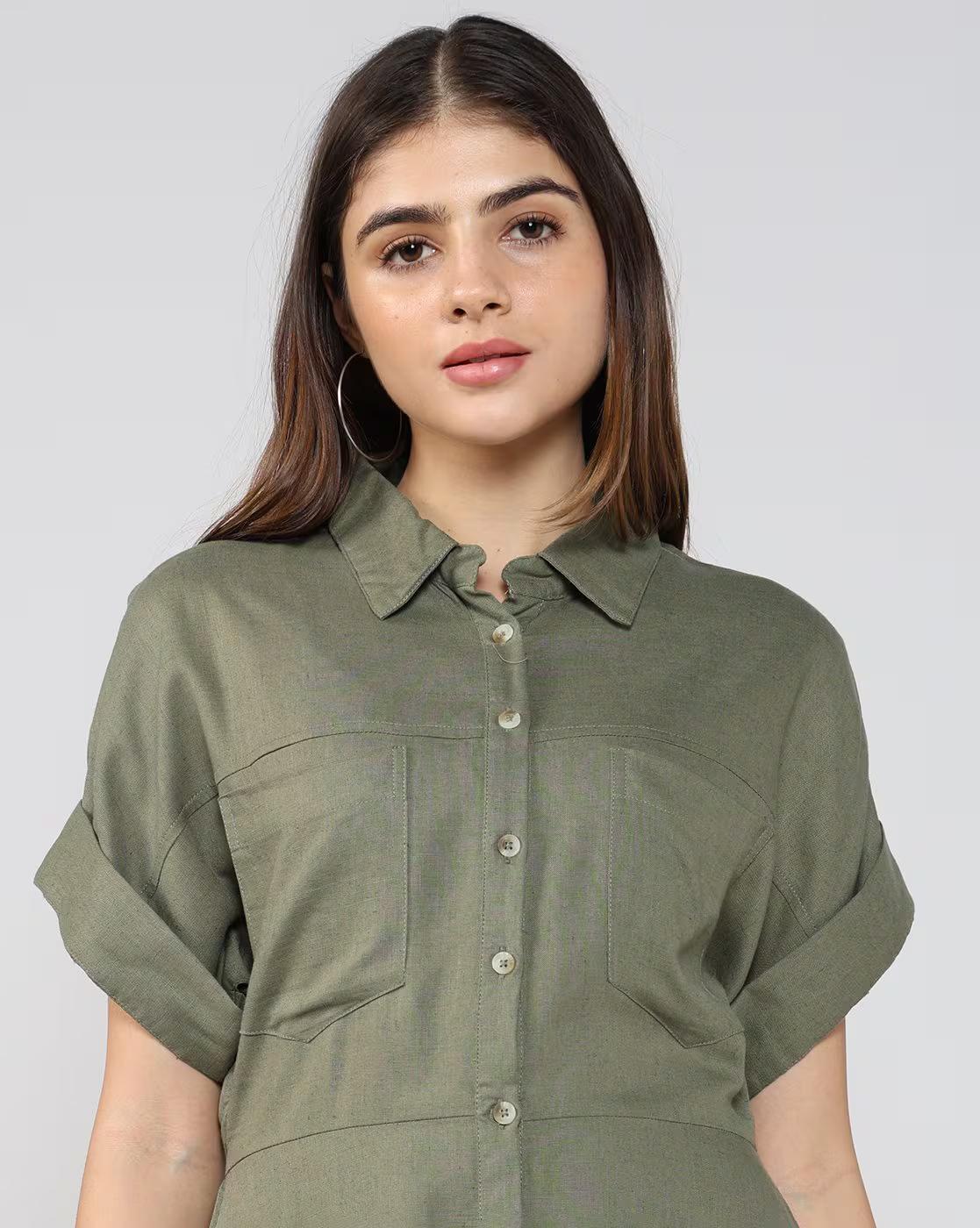 Women Shirt Dress with Patch Pockets