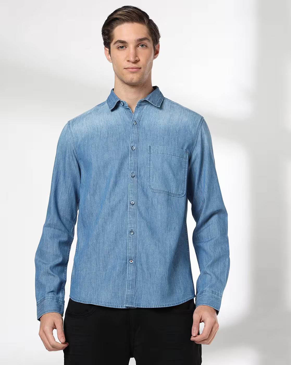 Men Washed Regular Fit Denim Shirt