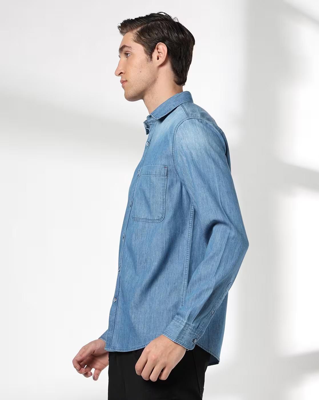Men Washed Regular Fit Denim Shirt