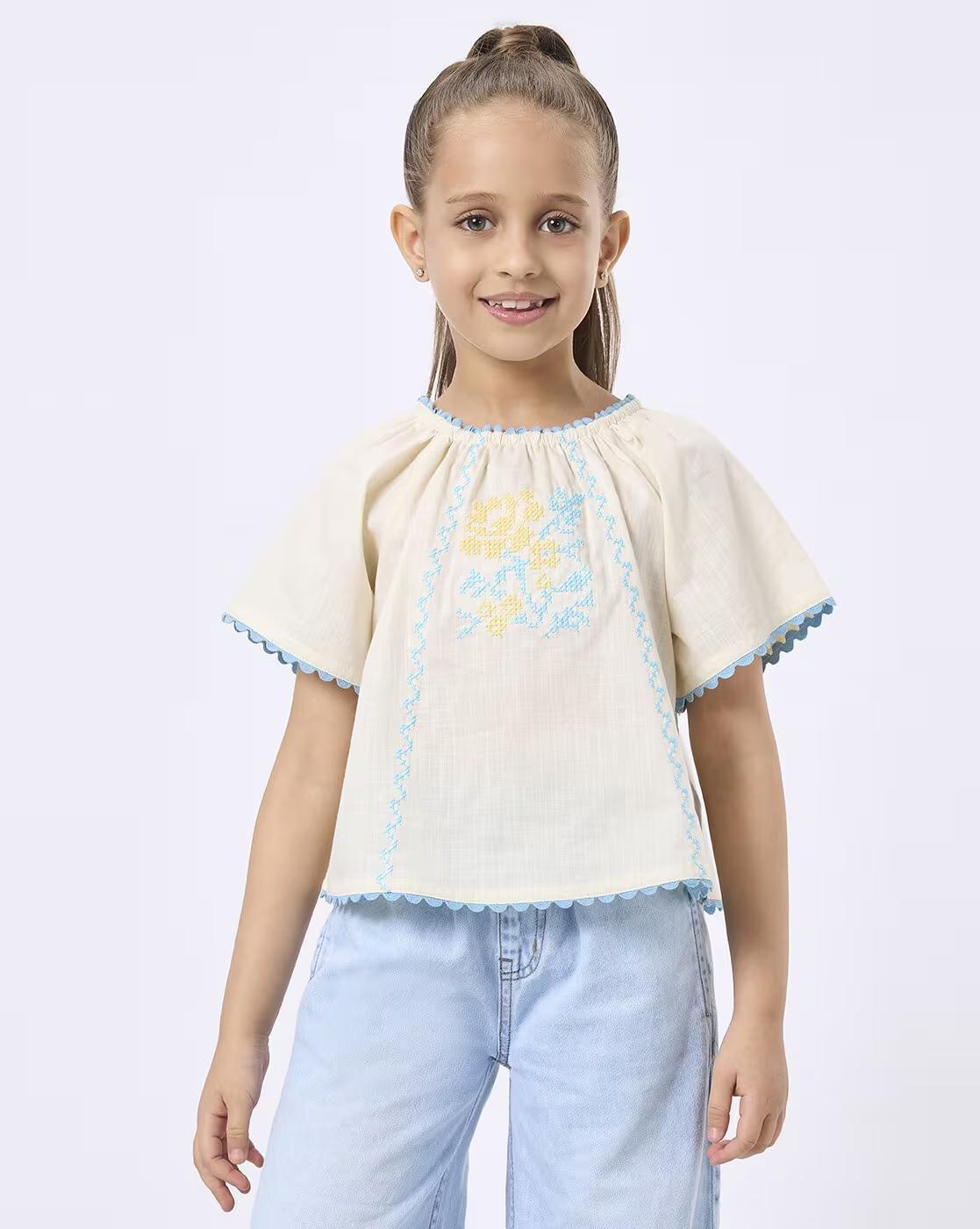 Girls Embroidered Regular Fit A-Line Top