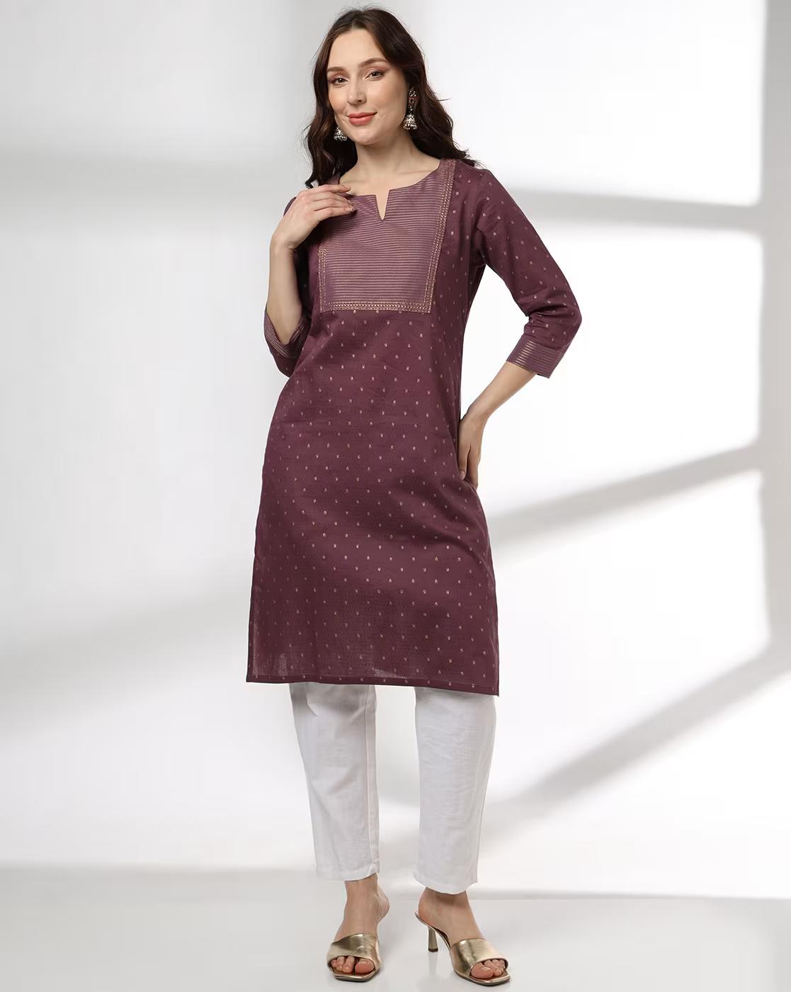 Women Jacquard Yoke Straight Kurta