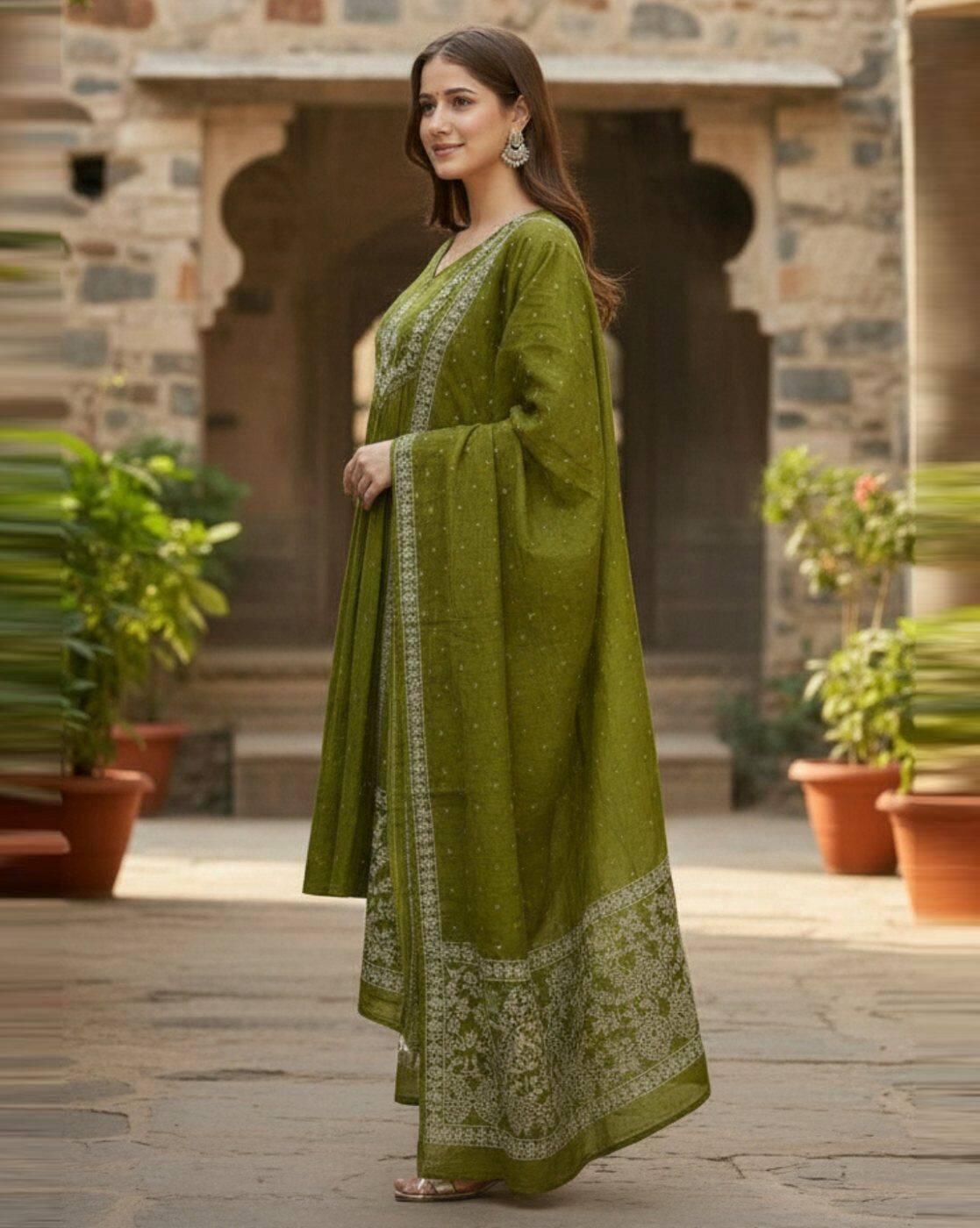 Women Embroidered Flared Kurta with Pants & Dupatta
