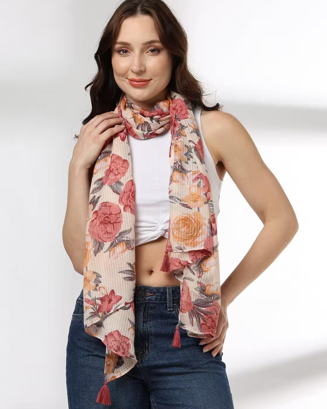 Women Floral Print Scarf with Tassels