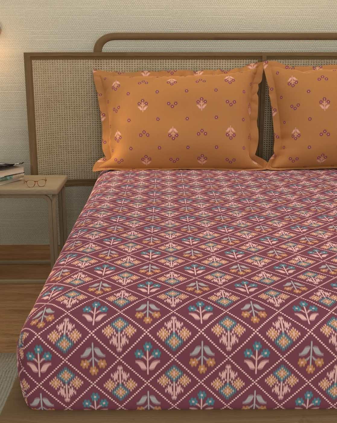 Printed Cotton Fitted Sheet with Pillow Covers