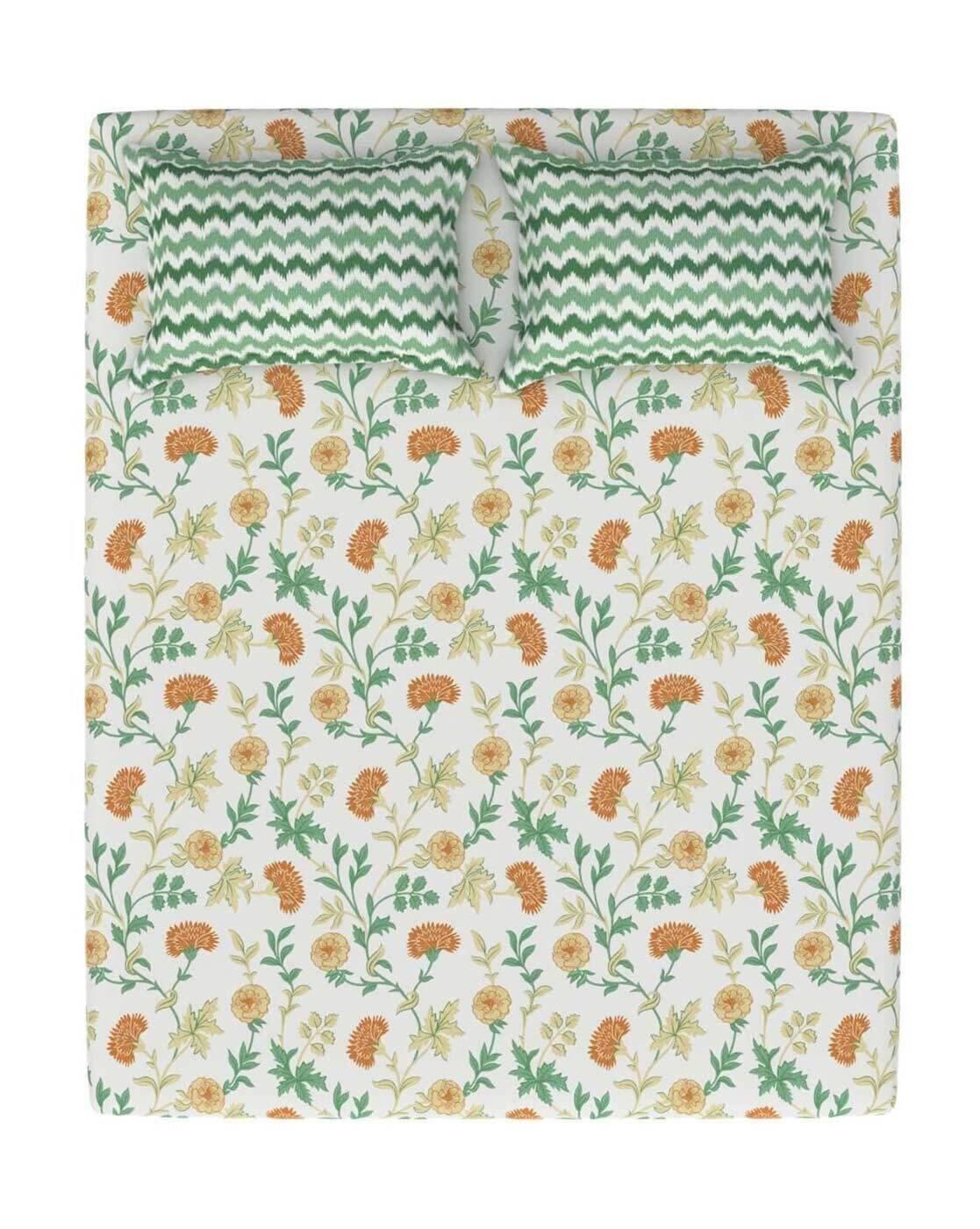 Printed Cotton Fitted Sheet with Pillow Covers