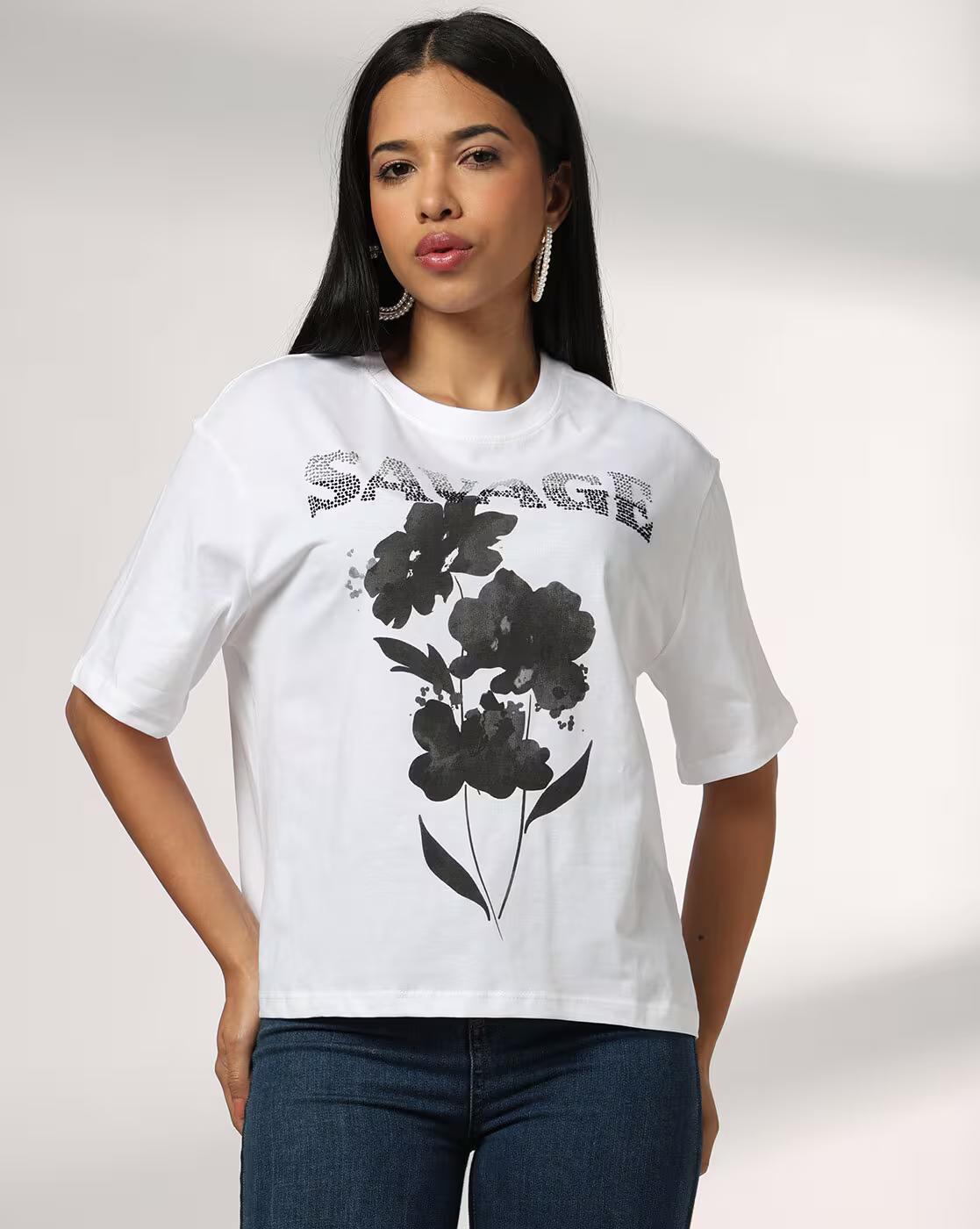 Women Graphic Print Boxy Fit Crew-Neck T-Shirt