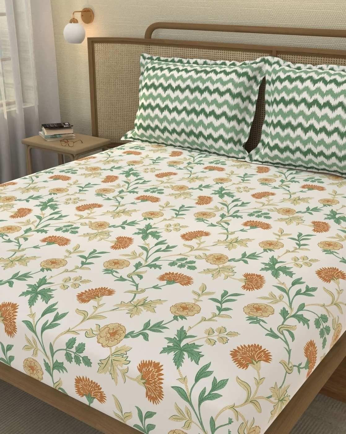 Printed Cotton Fitted Sheet with Pillow Covers