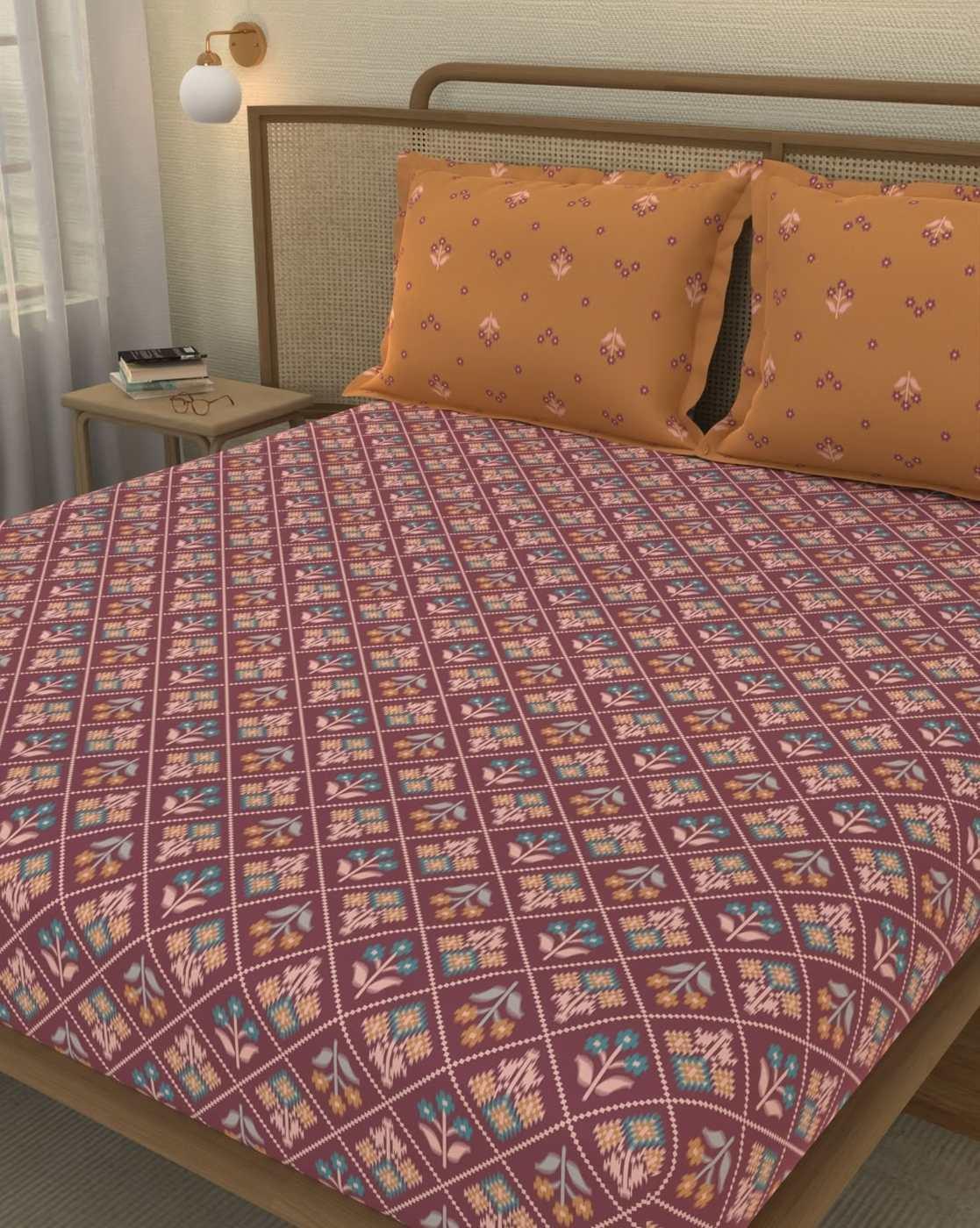 Printed Cotton Fitted Sheet with Pillow Covers