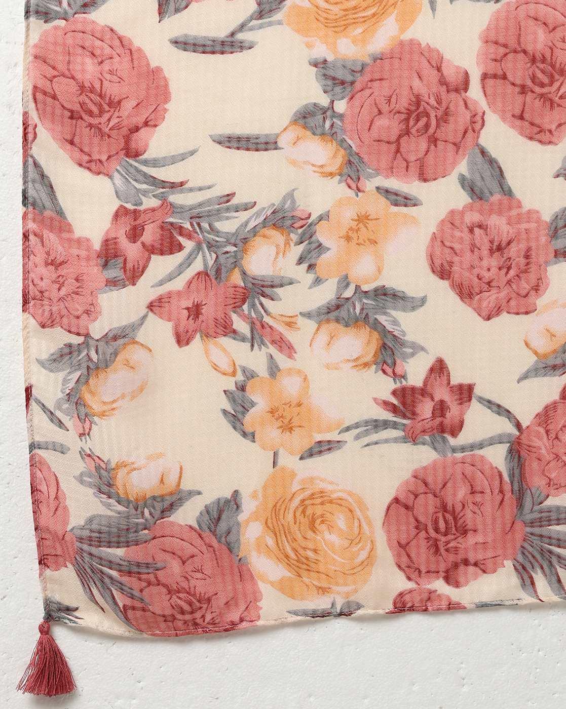 Women Floral Print Scarf with Tassels