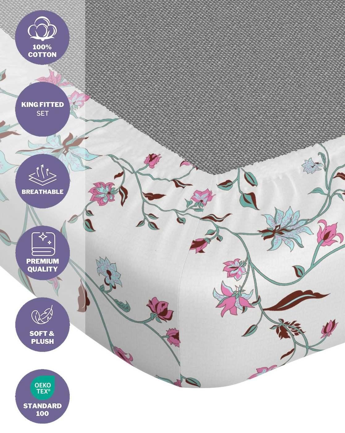 Printed Cotton Fitted Sheet with Pillow Covers