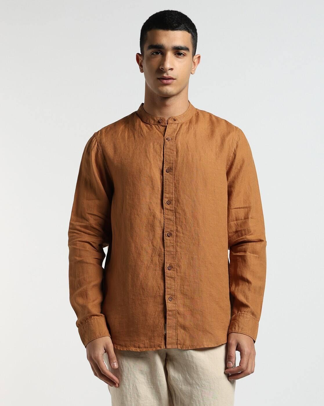 LINEN MANDARIN COLLAR SHIR, MUSTARD, XXL