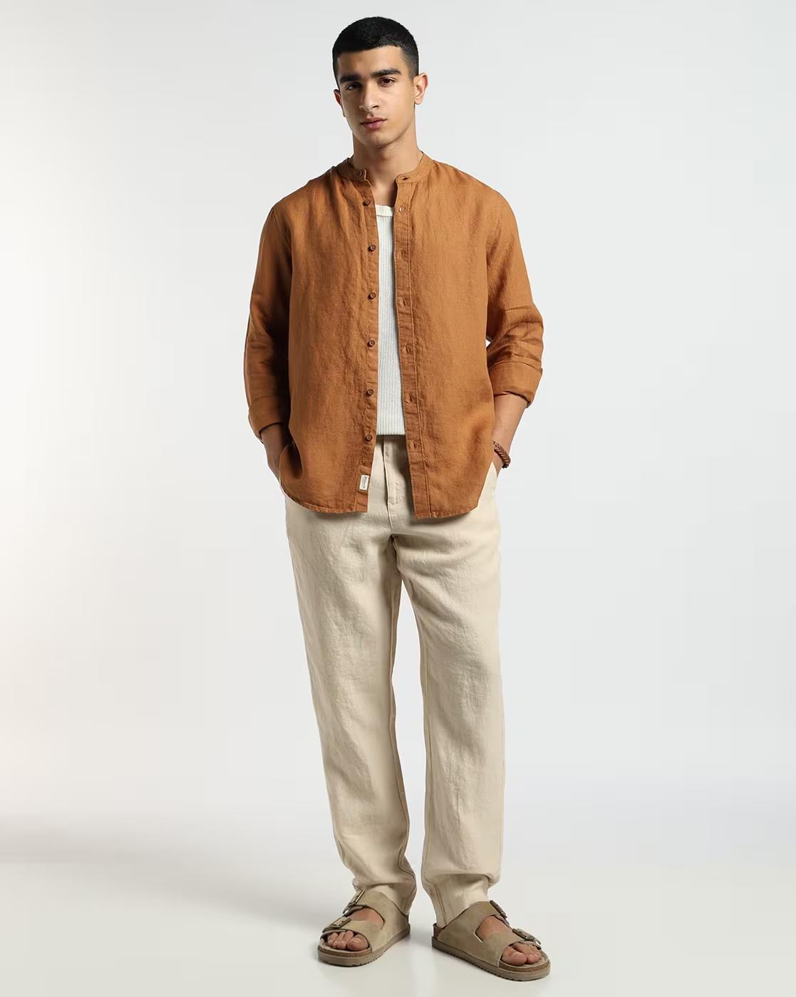 LINEN MANDARIN COLLAR SHIR, MUSTARD, XXL