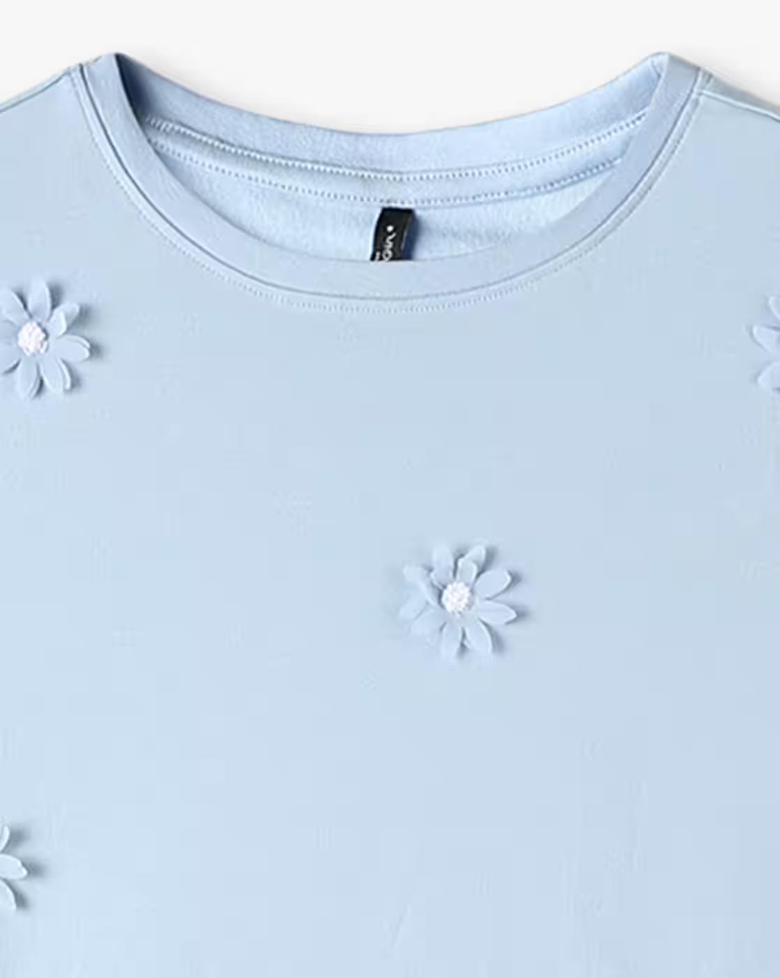 Girls Regular Fit Round T-Shirt with Floral Applique