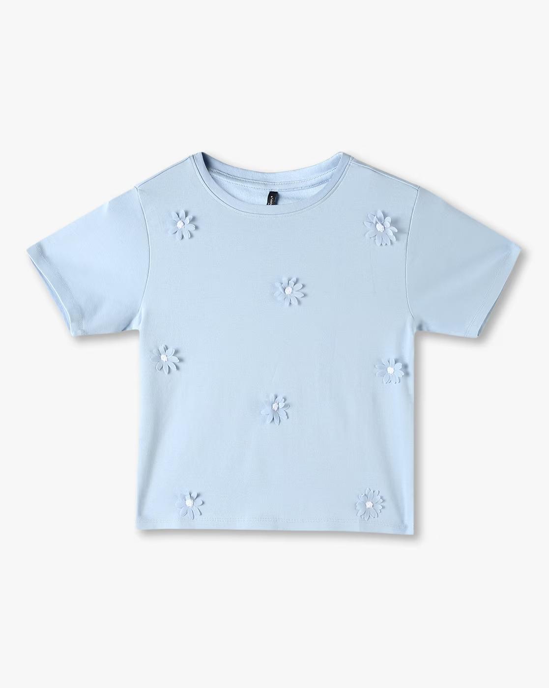 Girls Regular Fit Round T-Shirt with Floral Applique