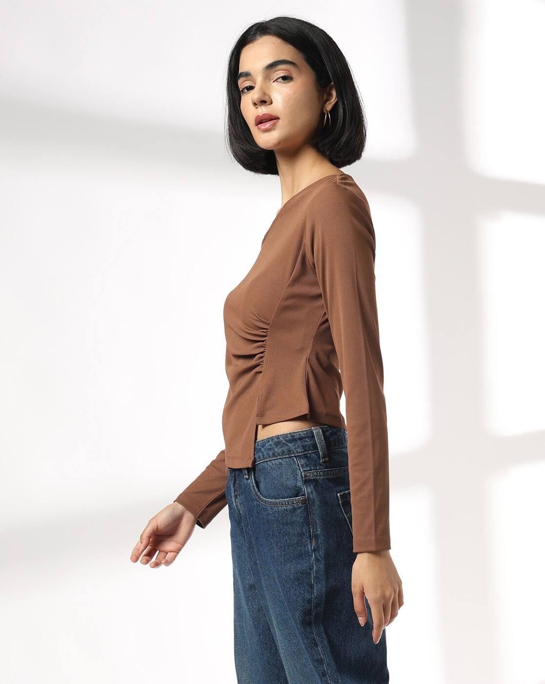 ASSYMETRICAL NECK TOP, BROWN, S