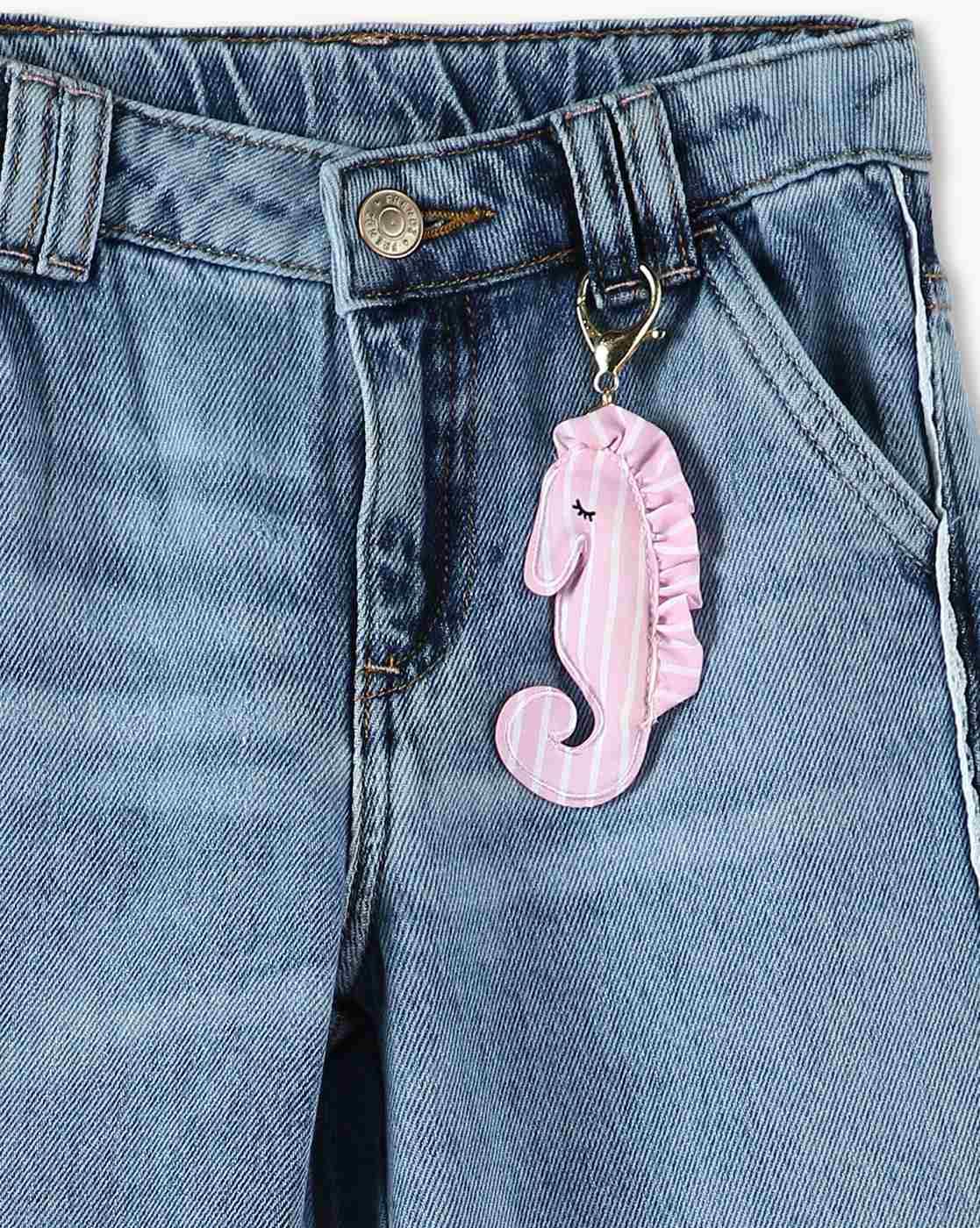 Girls Stone Washed Cotton Slim Fit Jeans with Keychain