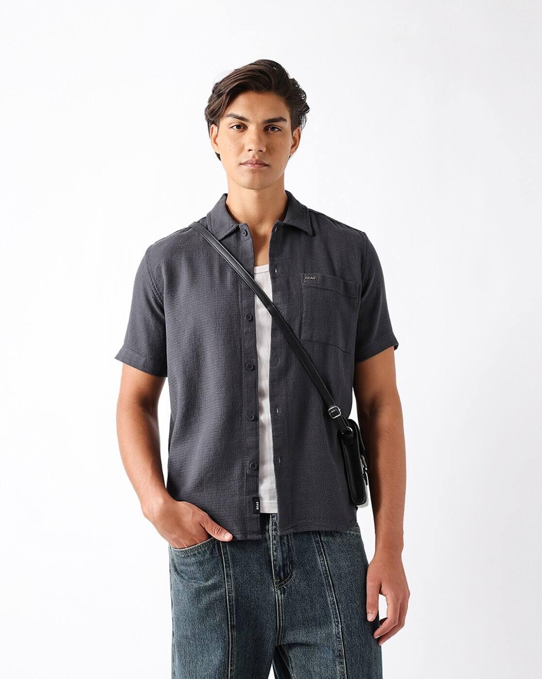 Men Cotton Woven Textured Regular Fit Casual Shirt