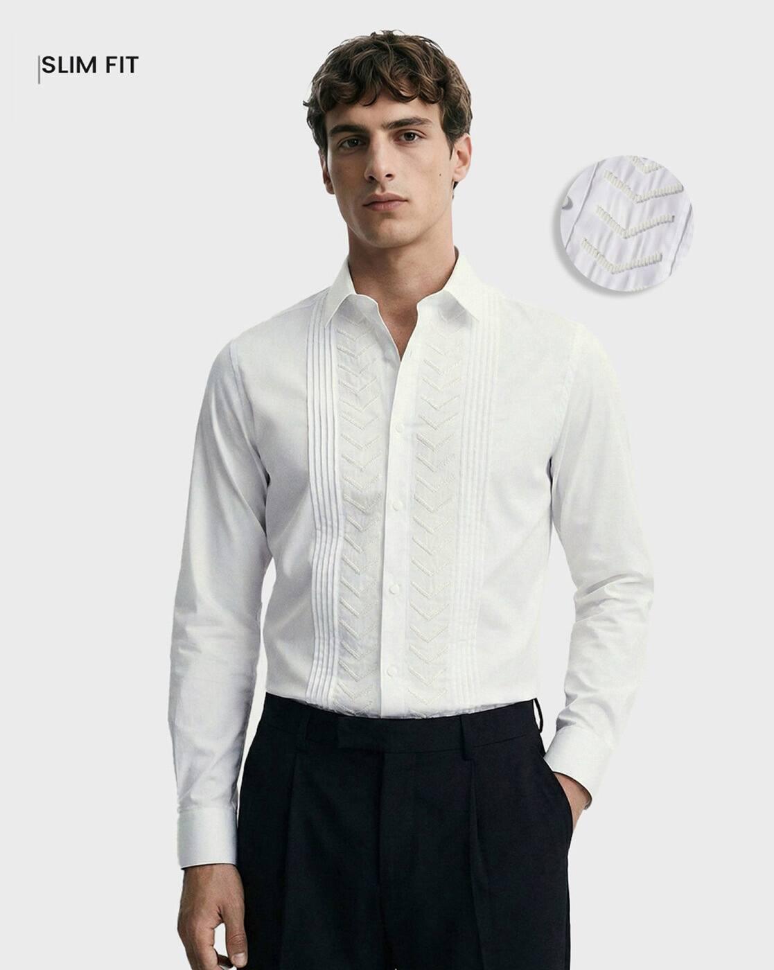 Men Pintuck Slim Fit Cotton Shirt