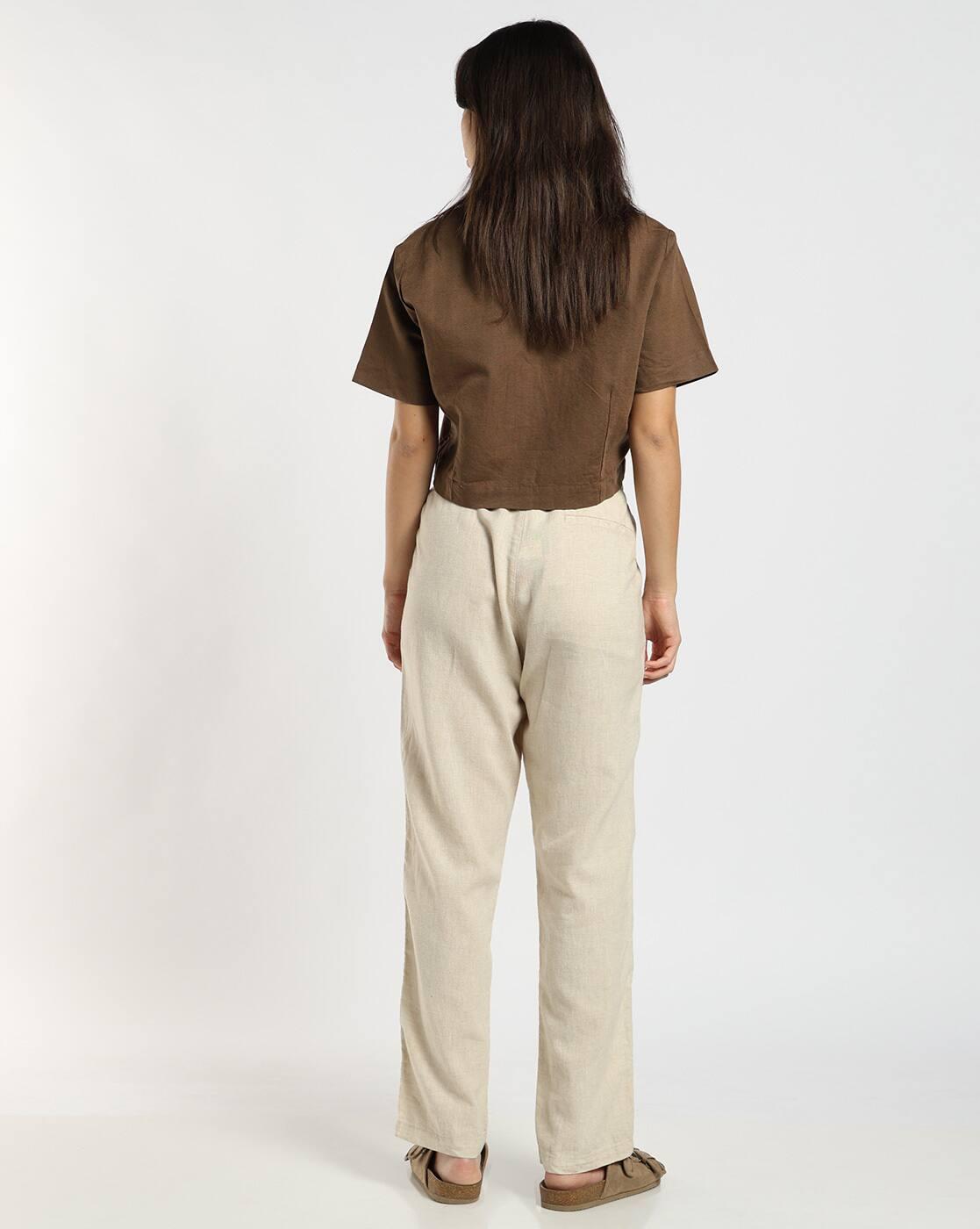 Women Linen Blend Cropped Shirt