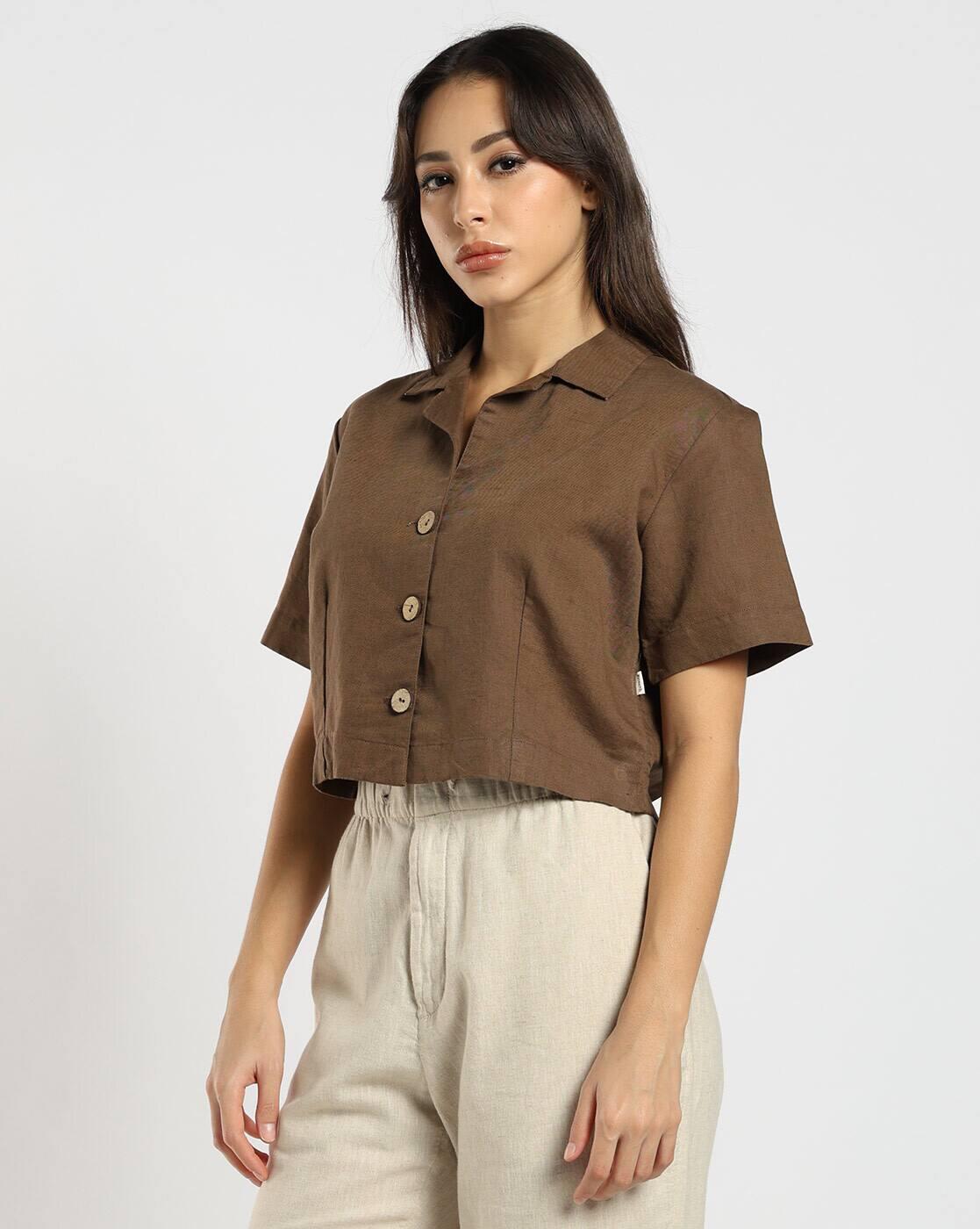 Women Linen Blend Cropped Shirt