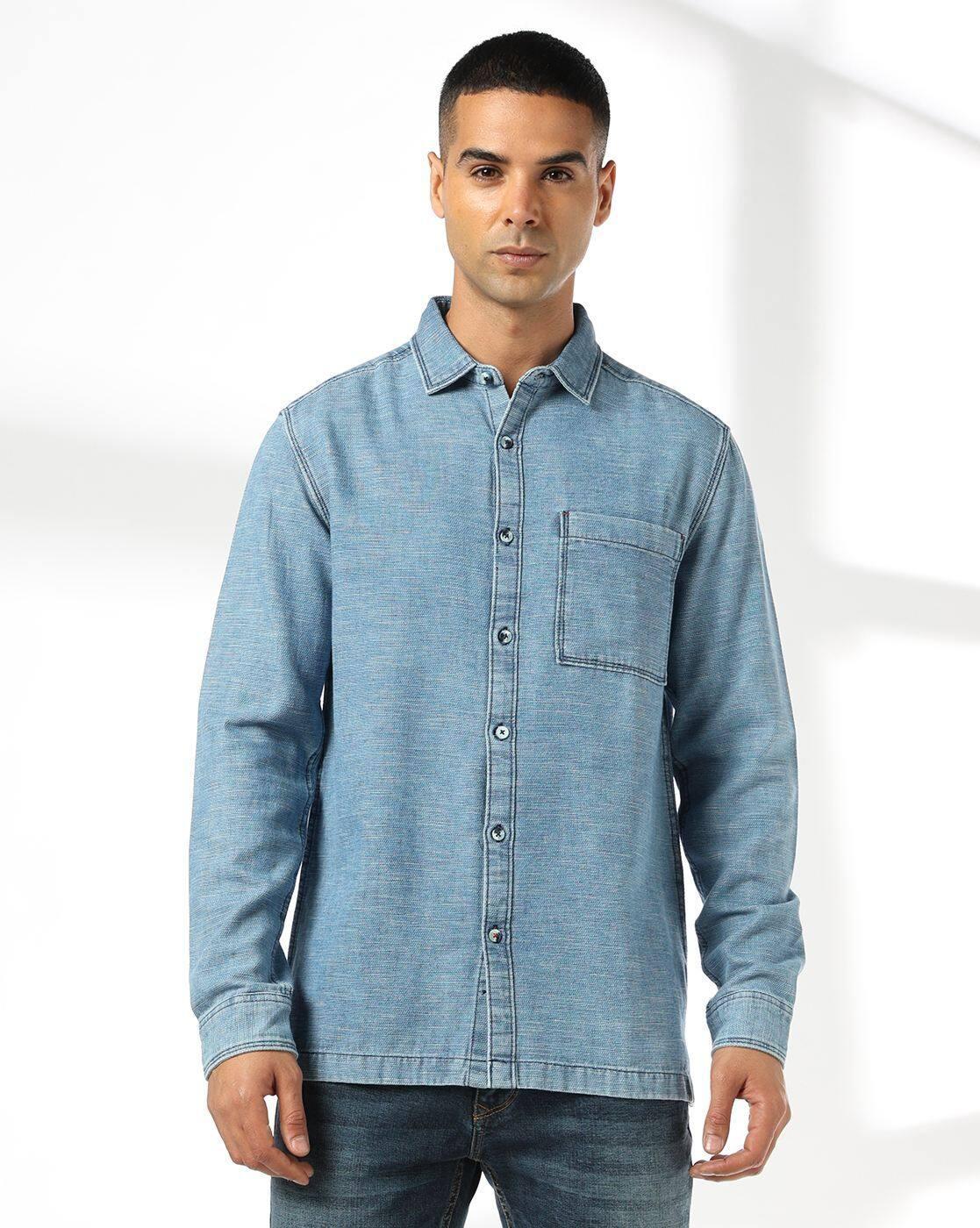 Men Washed Regular Fit Shirt with Patch Pocket