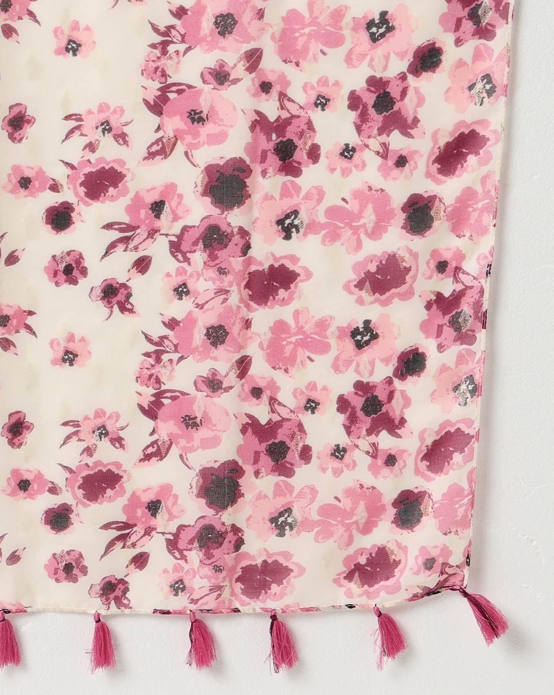 Women Floral Print Scarf with Tassels