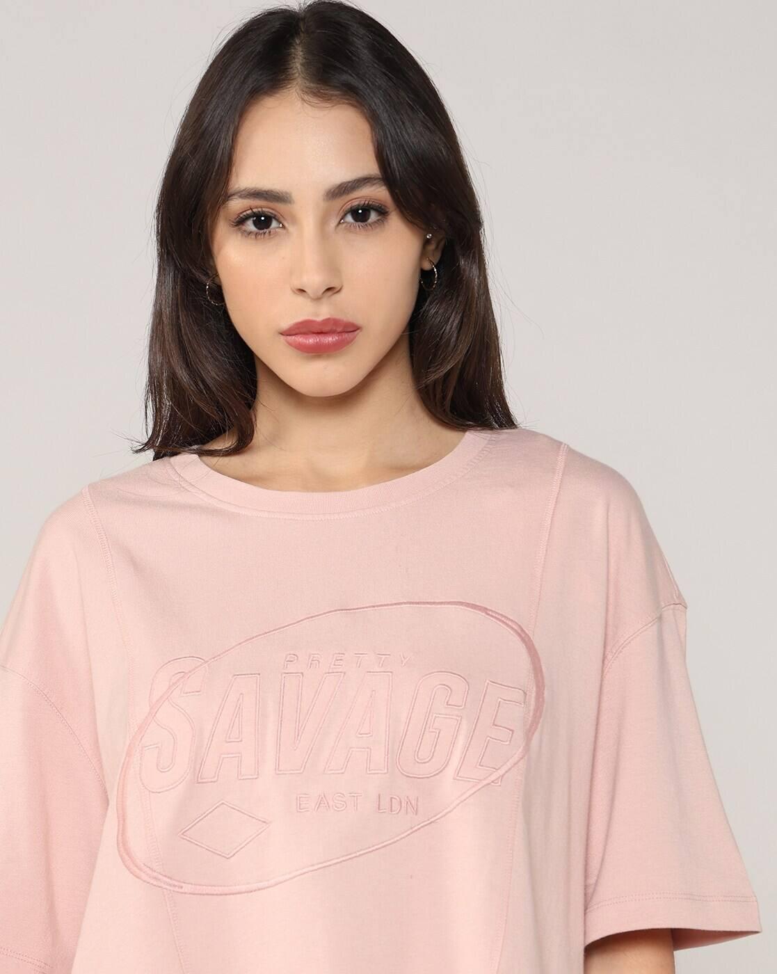 Women Embroidered Typographic Crop Fit Crew-Neck T-Shirt