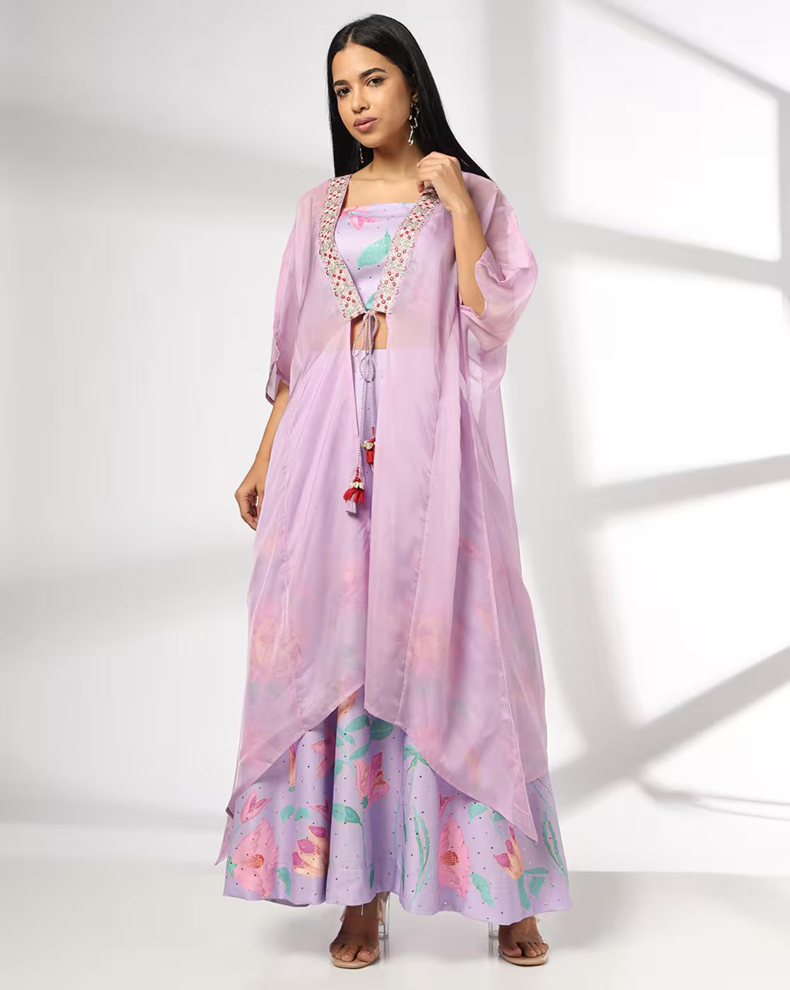 Women Embellished Crop Top with Skirt & Jacket