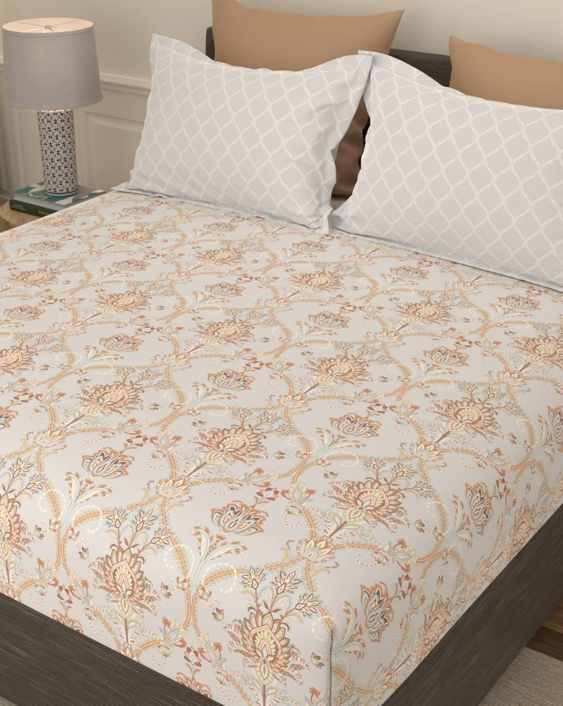 144 TC Floral Print Cotton Double Bedsheet with Pillow Covers