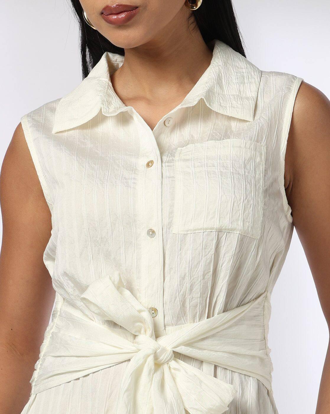 Women Patterned Shirt Dress with Waist Tie-Up